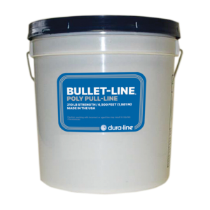 Bullet-Line® is a light poly line used in blowing and pulling applications. The line is rated at 210 lbs. breaking strength and is contained in a plastic dispenser pail. Each pail contains 6,500’ (1,981m) of line.