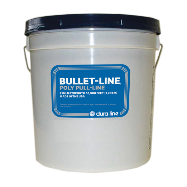 Bullet-Line® is a light poly line used in blowing and pulling applications. The line is rated at 210 lbs. breaking strength and is contained in a plastic dispenser pail. Each pail contains 6,500’ (1,981m) of line.